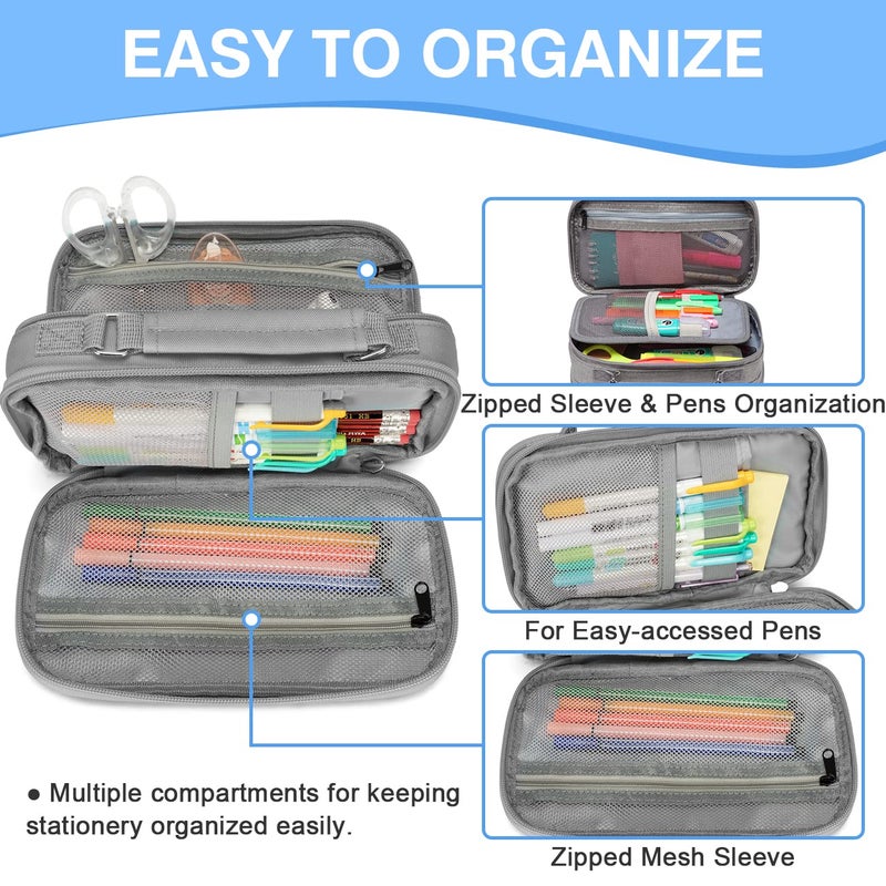 VASCHY Pencil Case, Large Pencil Pouch with Compartments for Middle School,Work,Office Pen Organizer Holder School Supply Gray - Image 3
